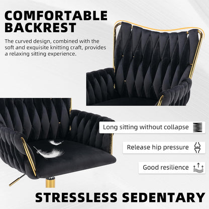 Black Velvet Swivel Desk Chair Hand Woven High Back Gold Base Adjustable Height