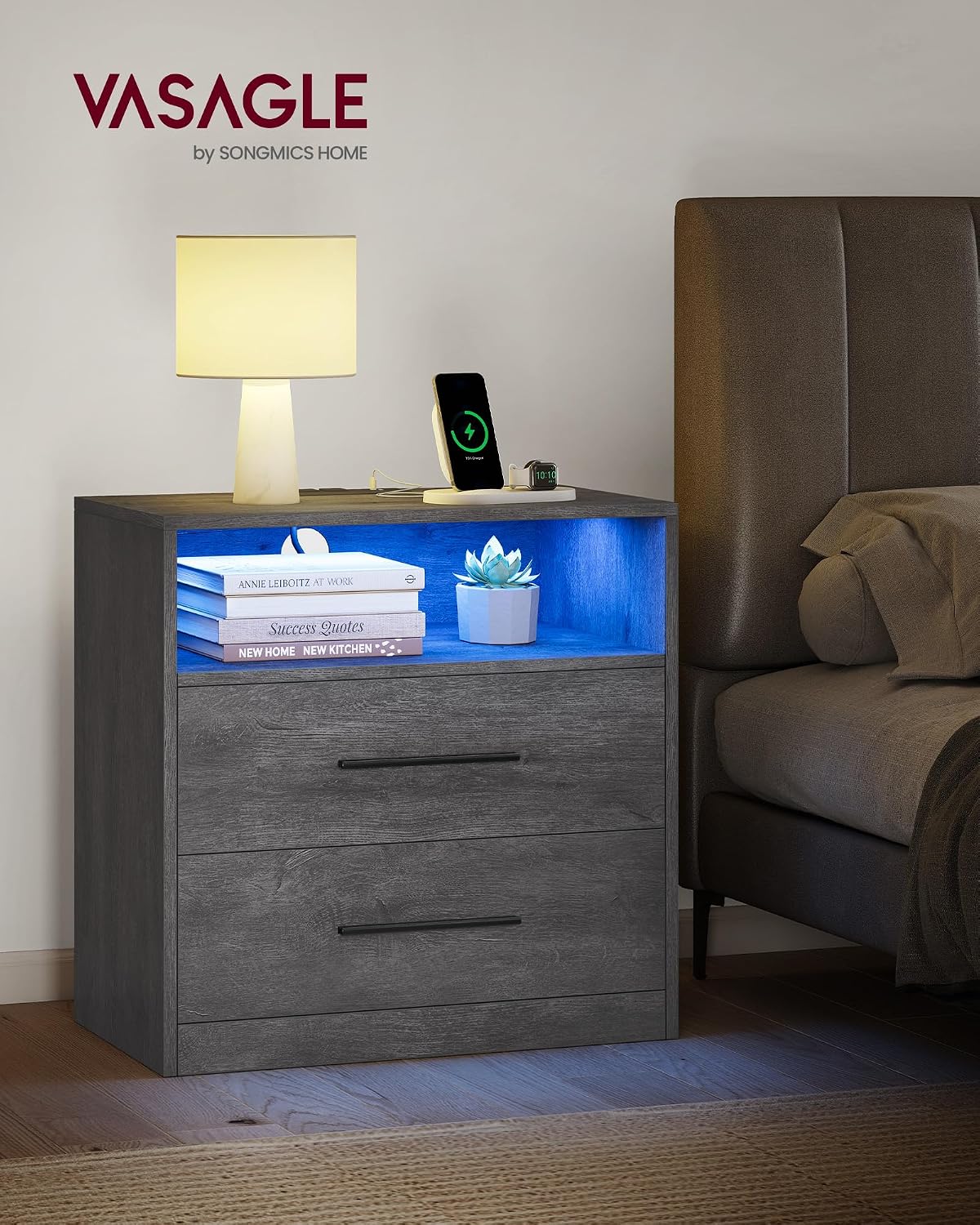 Modern Misty Gray Nightstand with LED Lights & Charging Station – 2-Drawer Bedside Table