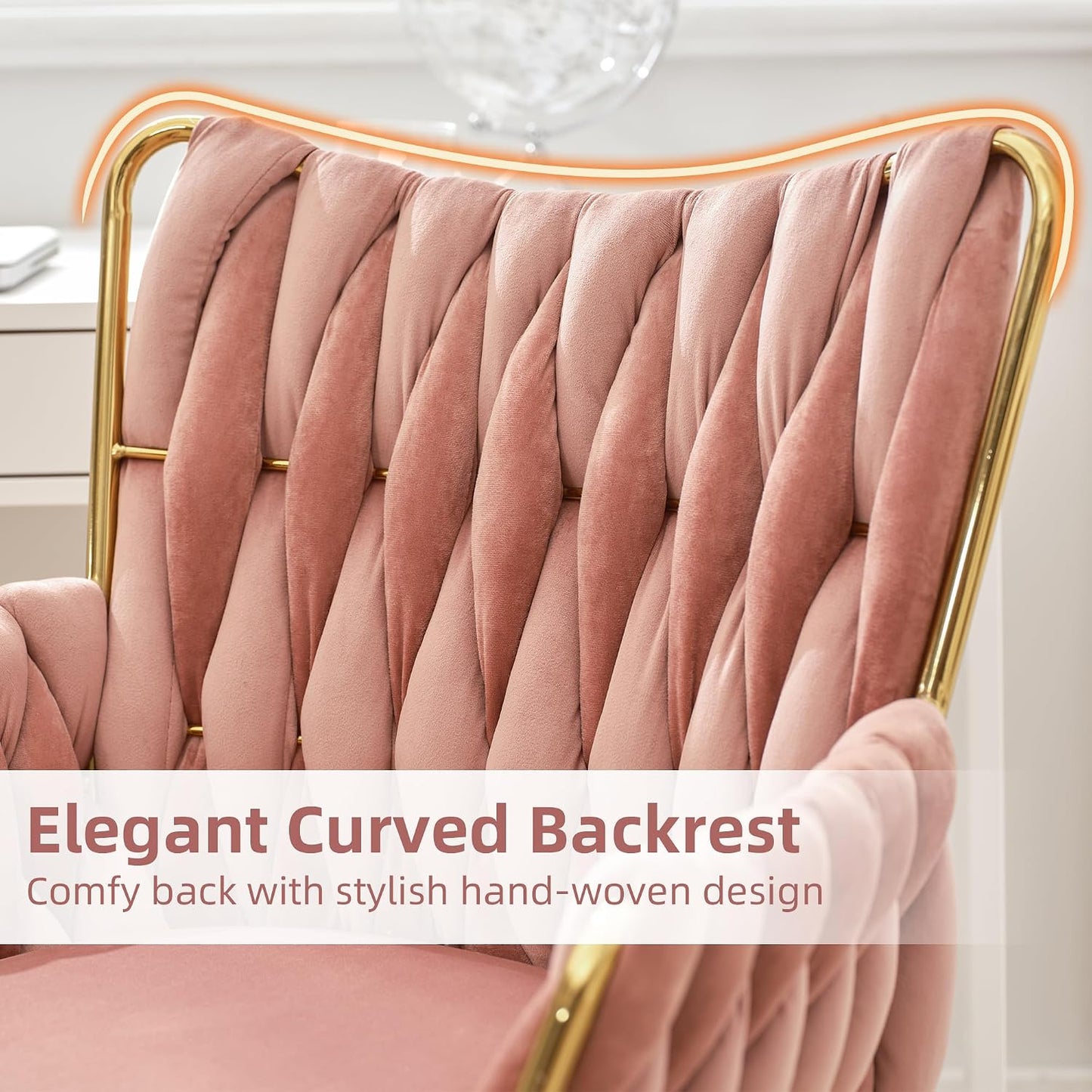 Rose Pink Velvet Vanity Chair Gold Swivel Rolling Office Chair with Wheels