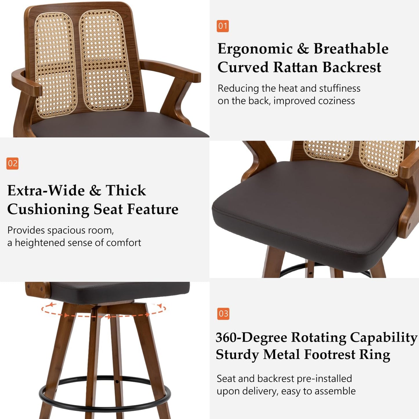 Walnut Rattan Swivel Counter Stool with Arms Green Upholstered Seat