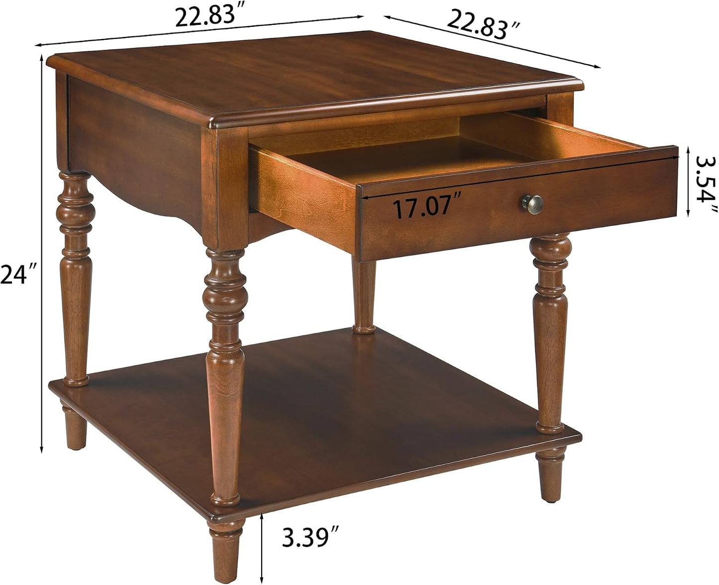 Large Solid Wood End Table Caramel Brown with Drawer and Storage Shelf