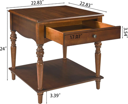 Large Solid Wood End Table Caramel Brown with Drawer and Storage Shelf