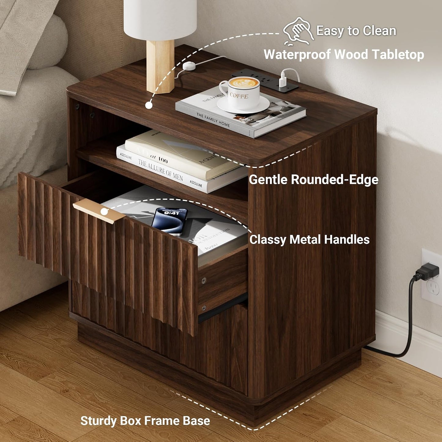 23" Walnut Fluted Nightstand with Charging Station – 2-Drawer Bedside Table