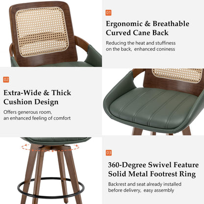 Walnut Cane Swivel Counter Stool with Arms Black Faux Leather Seat