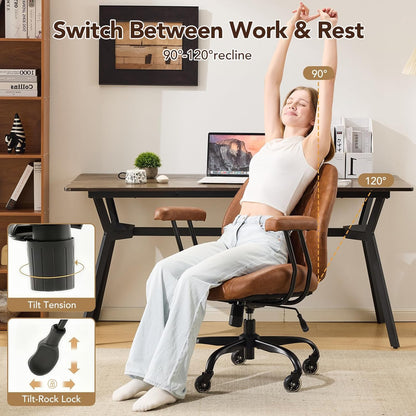 Brown Leather Office Chair Ergonomic Swivel Desk Chair with Lumbar Support and Wheels