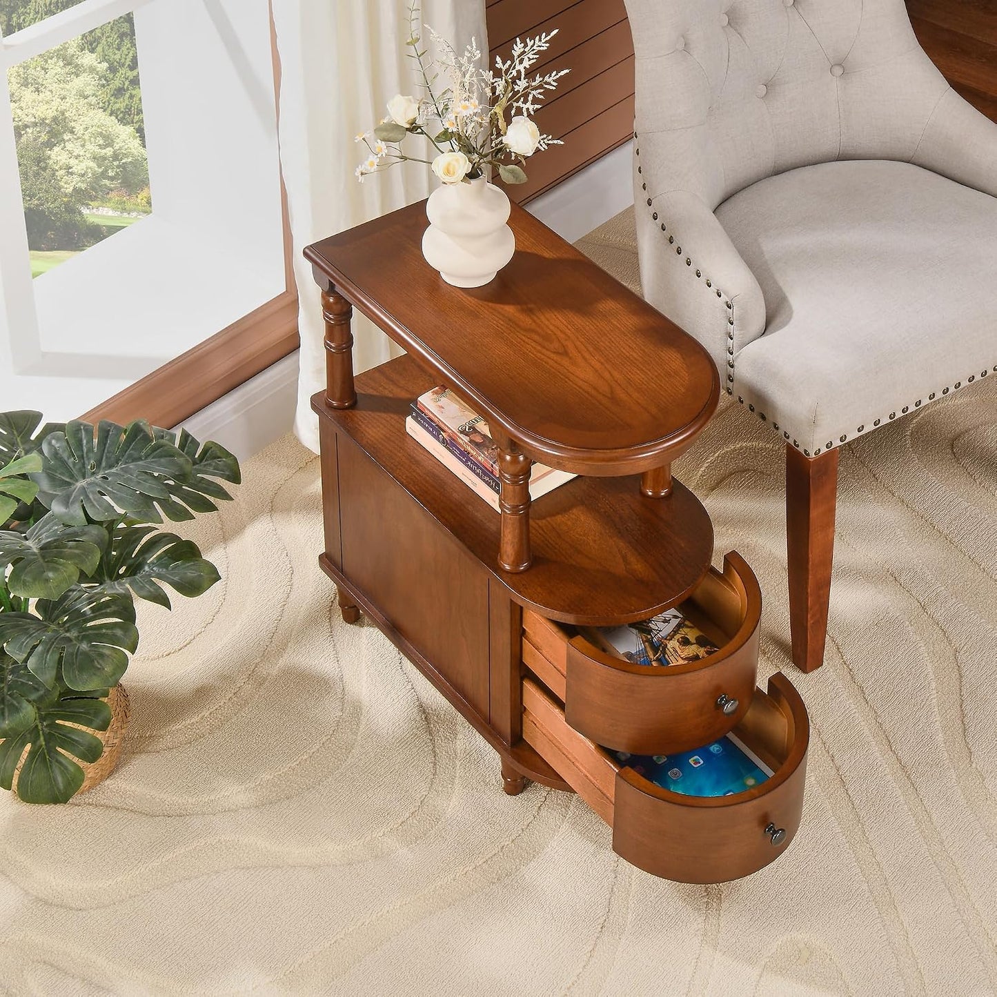 Solid Wood Slim End Table with 2 Drawers & Storage Shelf – Beewax Tone
