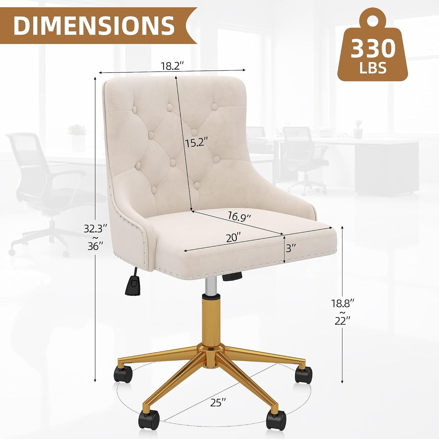 Beige Velvet Swivel Desk Chair Tufted Vanity Chair with Gold Base and Wheels