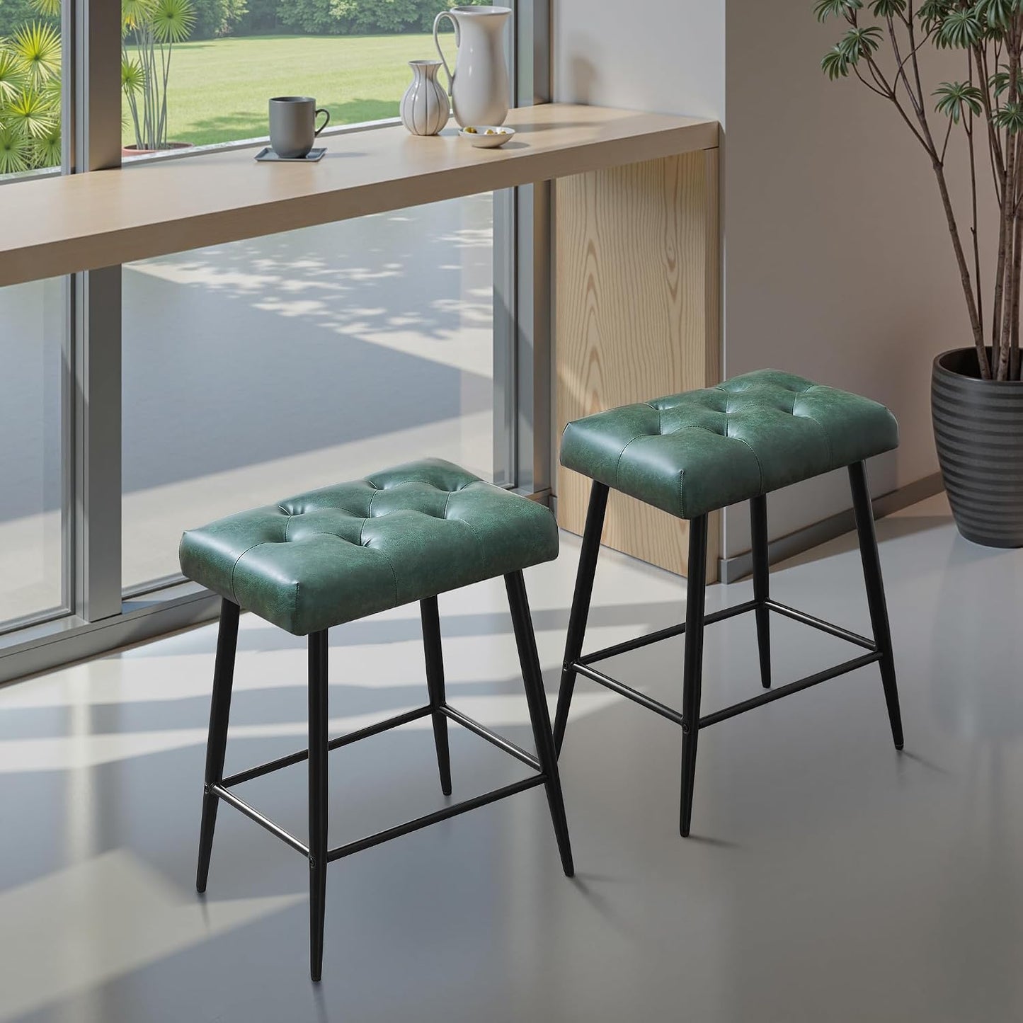 Green Counter Height Bar Stools Set of 2 Upholstered Saddle Seats