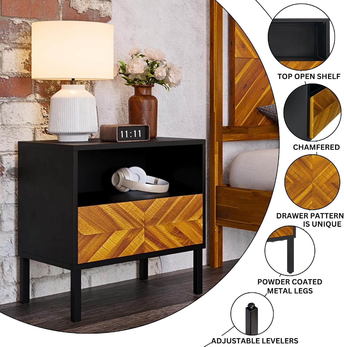 Solid Wood Herringbone Nightstand with Drawer & Open Shelf