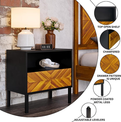 Solid Wood Herringbone Nightstand with Drawer & Open Shelf