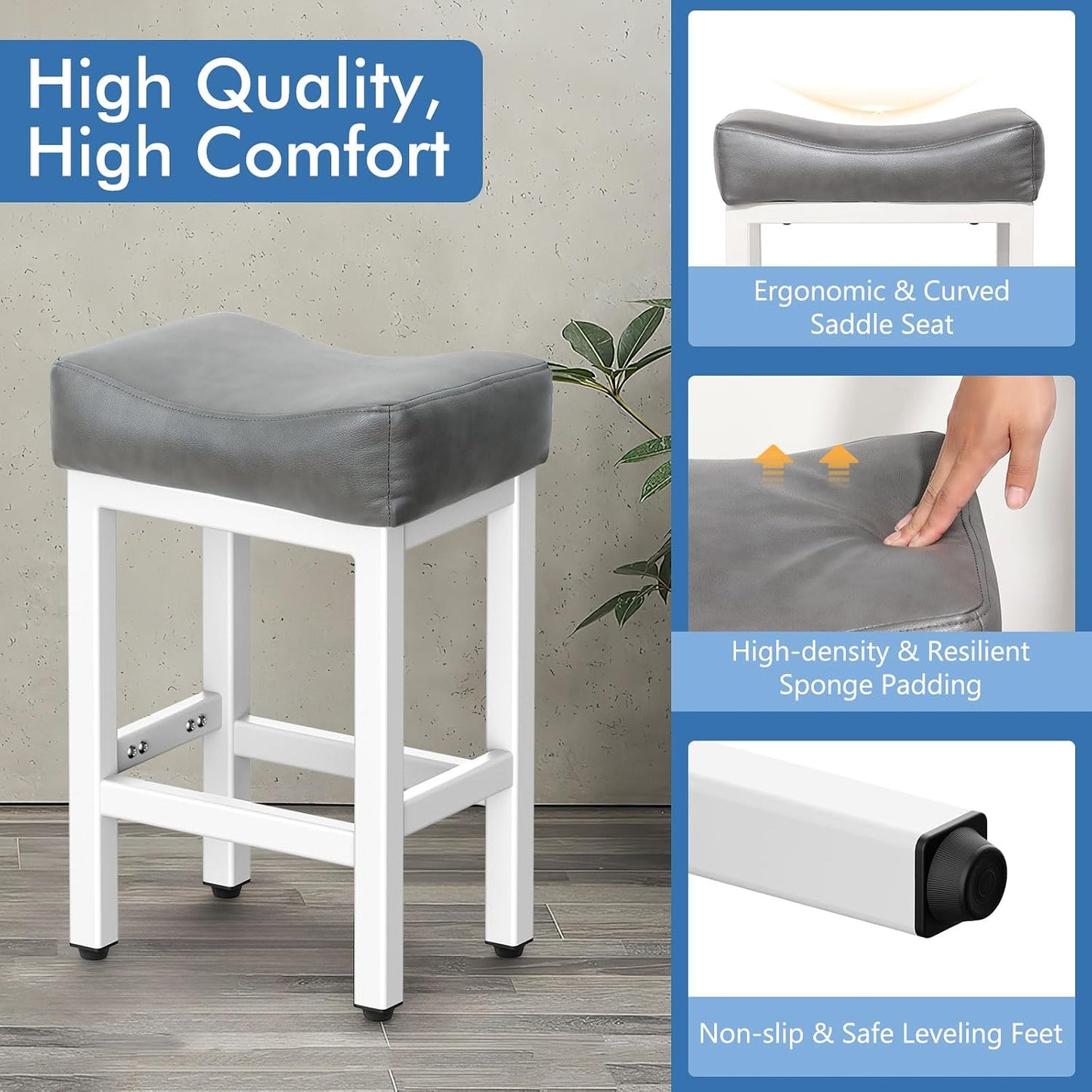 Gray Counter Height Bar Stools Set of 2 Upholstered Saddle Kitchen Seats