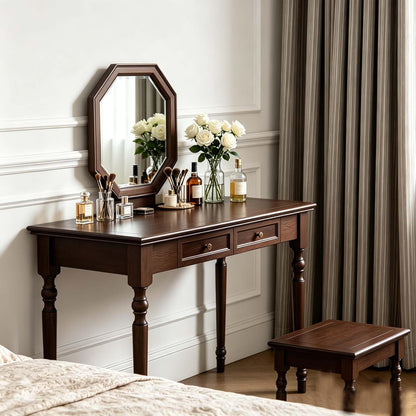 French Country Solid Wood Writing Desk with 2 Drawers Beige Farmhouse Table