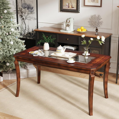 Cherry Wood Dining Table with Glass Top Traditional Vintage Table for 6