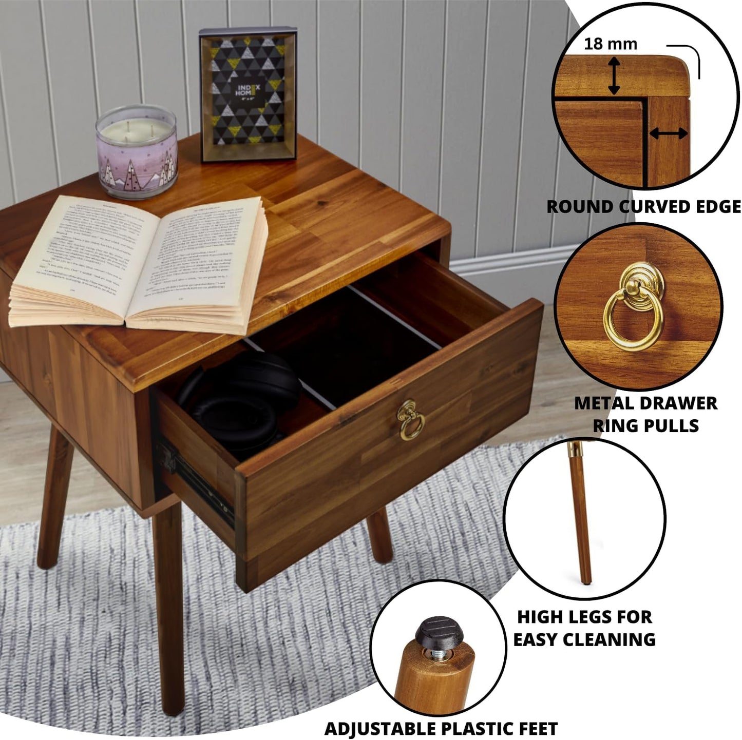 Solid Acacia Wood Nightstand with Drawer – Caramel Mid-Century Side Table