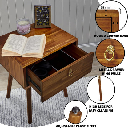 Solid Acacia Wood Nightstand with Drawer – Caramel Mid-Century Side Table