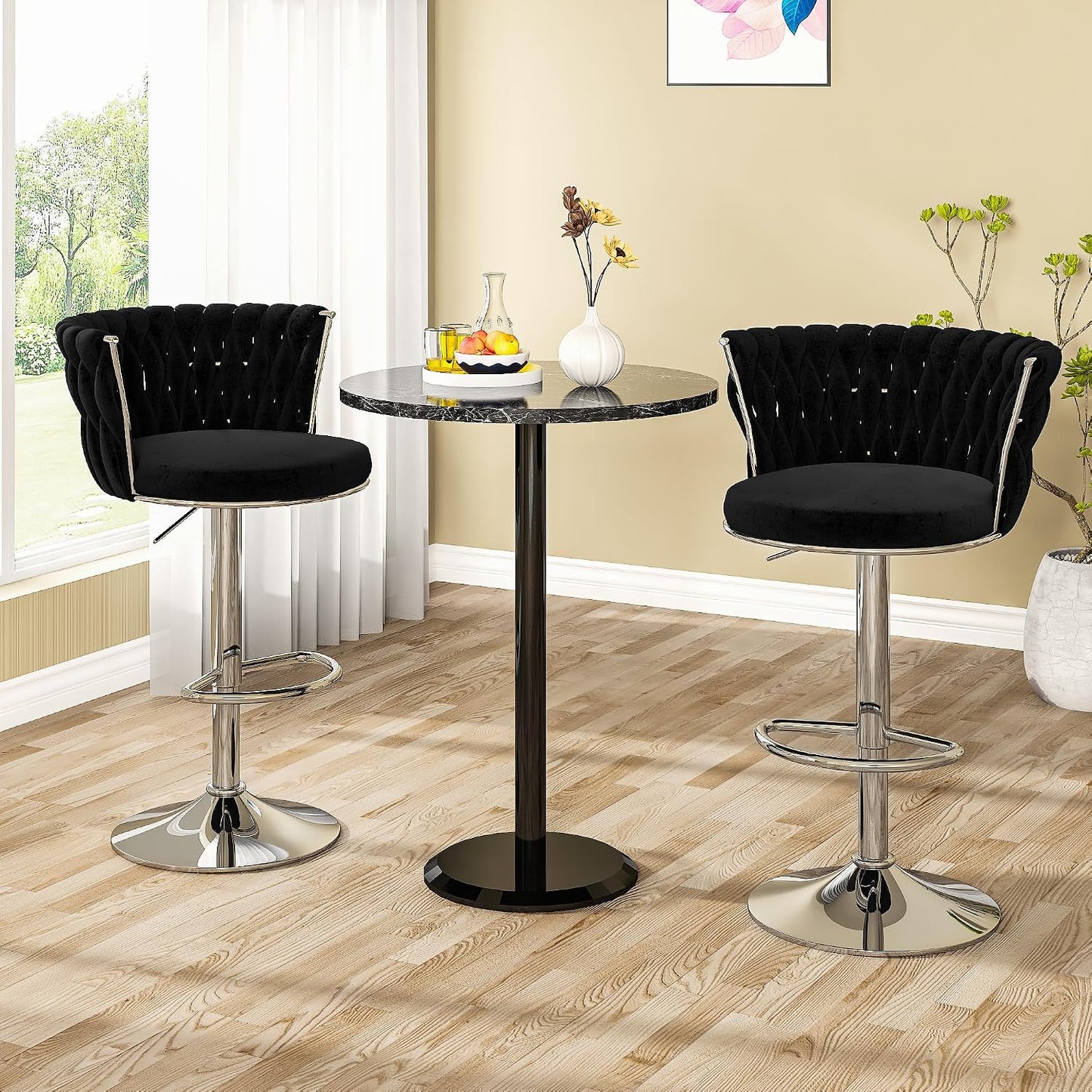 Black Velvet Swivel Bar Stools with Tufted Back Adjustable Height Set of 2