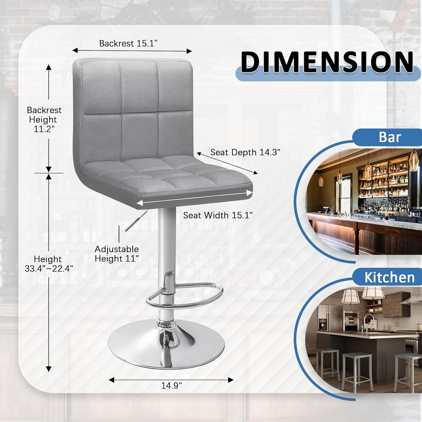 Gray Velvet Swivel Bar Stools Set of 2 Adjustable Counter Chairs