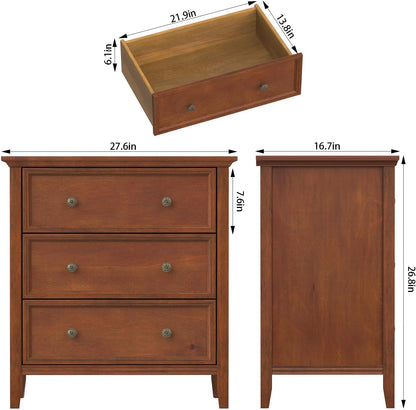 Solid Wood 3-Drawer Nightstand with Charging Station – White Farmhouse Bedside Table