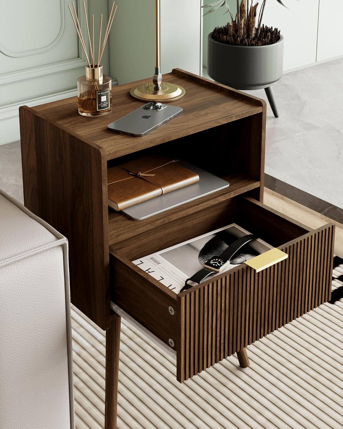 Modern Walnut Brown Fluted Nightstand with Drawer & Open Shelf