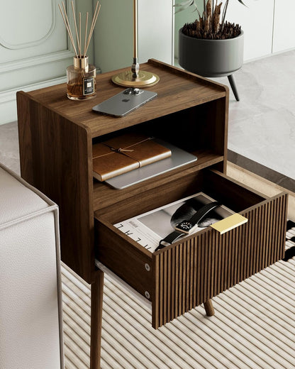 Modern Walnut Brown Fluted Nightstand with Drawer & Open Shelf