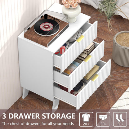 White Fluted Nightstand with 3 Drawers Modern Wide Bedside Table