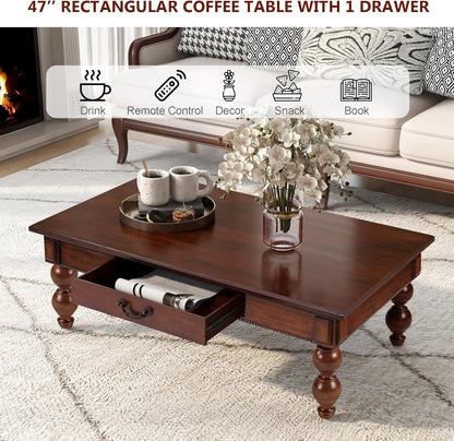 Traditional Walnut Coffee Table with Drawer Rustic Farmhouse Wood Living Room Table