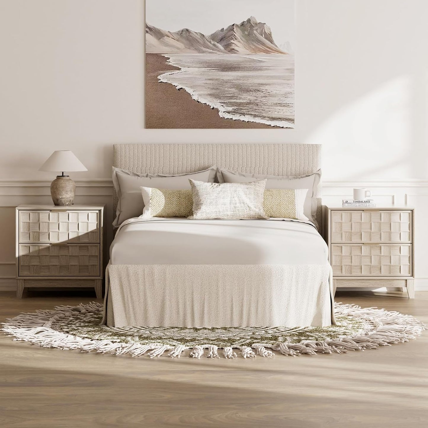 Modern Oak 2-Drawer Nightstand with Charging Station – Textured Bedside Table