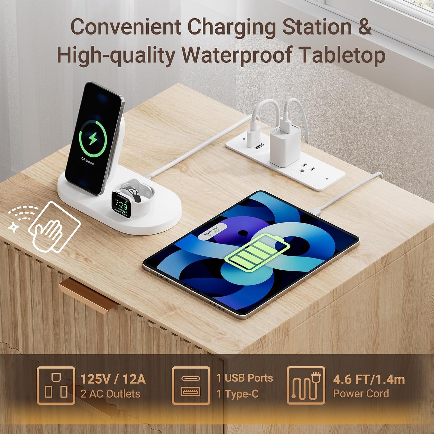 Modern Fluted Nightstand with Charging Station & 2 Drawers