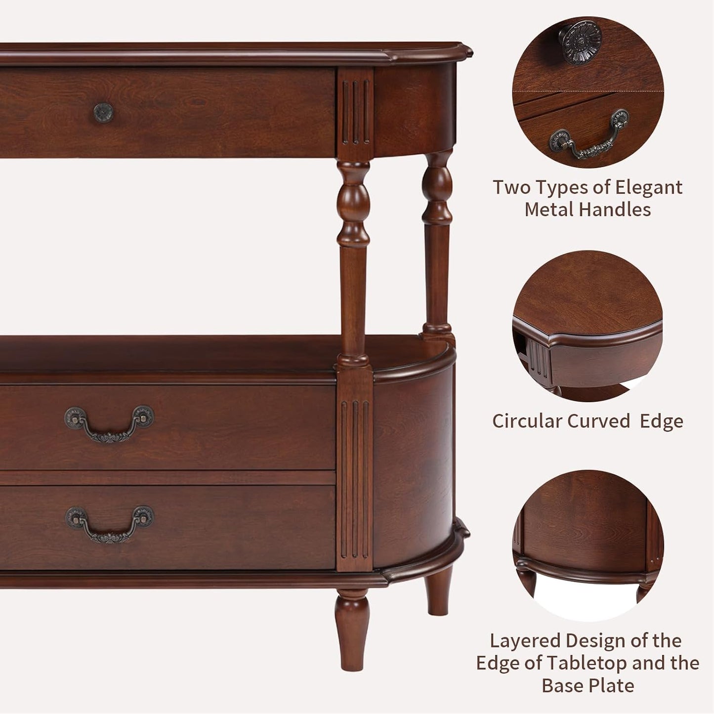 Solid Wood Console Table with Drawers Cherry Half Moon Entryway Table