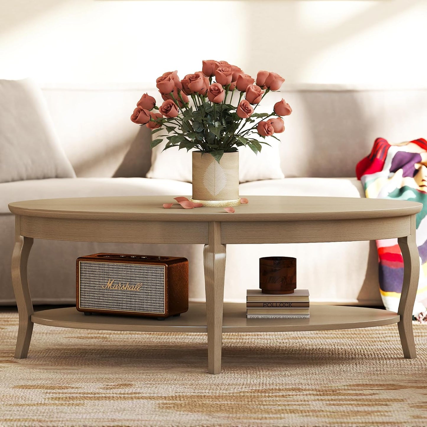 Oval Solid Wood Coffee Table with Lower Storage Shelf Antique White