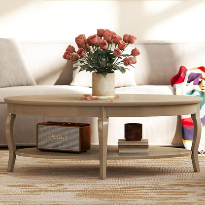Oval Solid Wood Coffee Table with Lower Storage Shelf Antique White