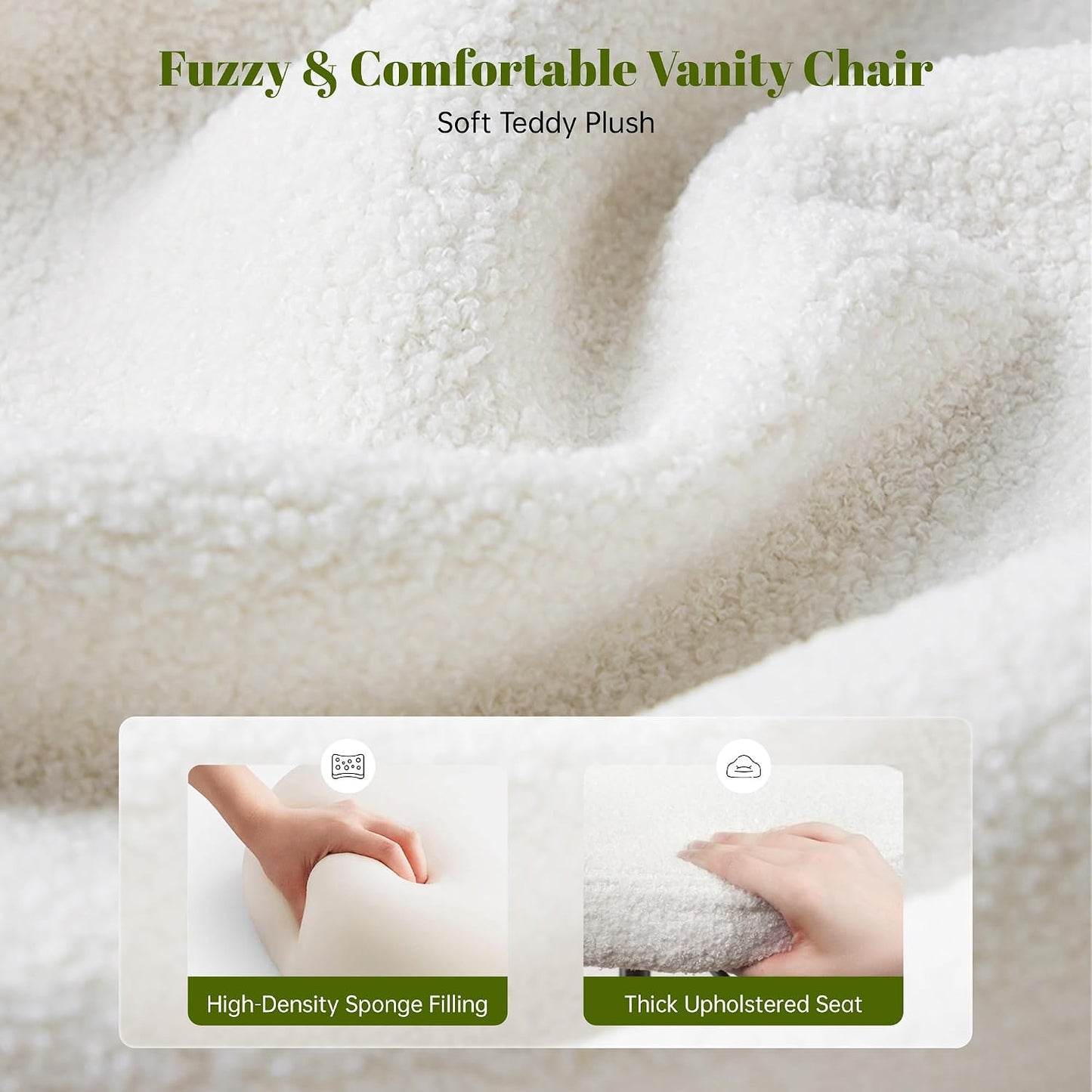 White Teddy Vanity Chair Armless Adjustable Swivel Desk Chair with Wheels