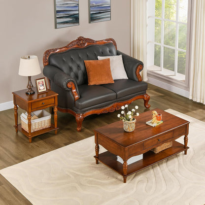 Solid Wood Coffee Table with Drawer Cherry Walnut Storage Shelf Vintage Center Table