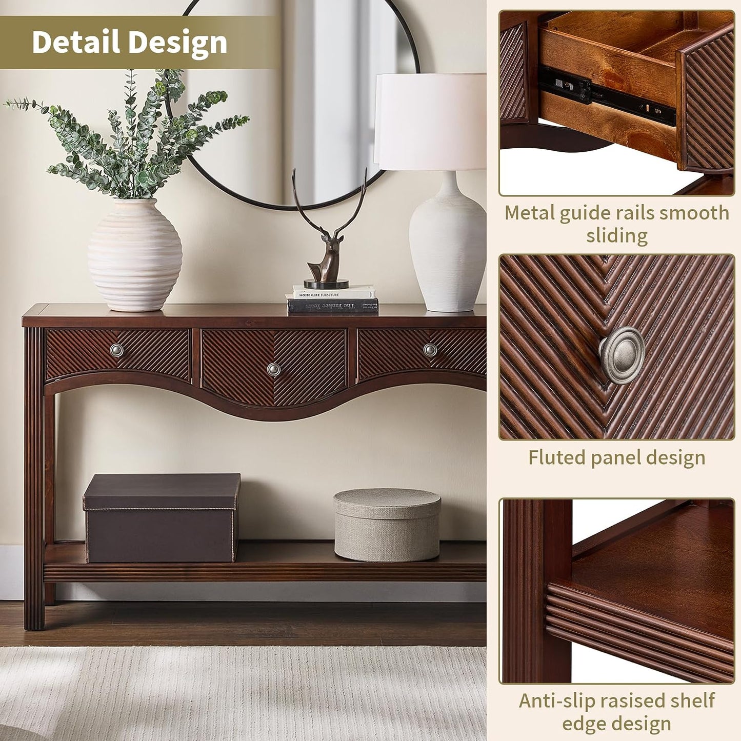 Scalloped Wood Console Table with 3 Drawers Narrow Espresso Entryway Table