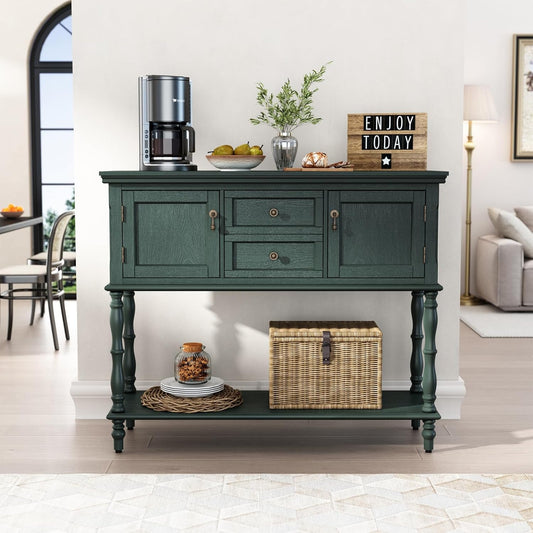 Vintage Green Console Table with 2 Drawers Cabinets and Open Storage Shelf