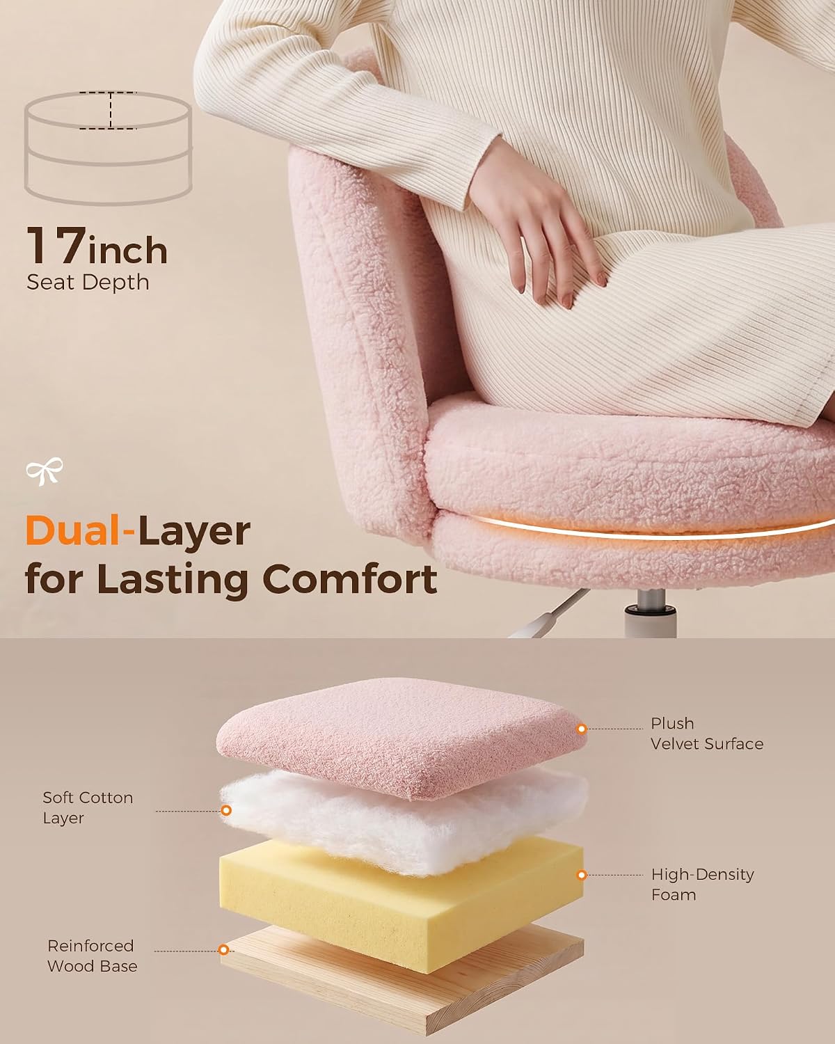 Pink Velvet Vanity Chair Adjustable Swivel Rolling Desk Chair with Lumbar Pillow