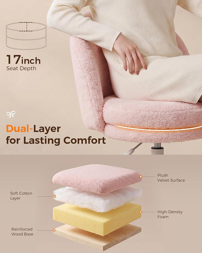 Pink Velvet Vanity Chair Adjustable Swivel Rolling Desk Chair with Lumbar Pillow