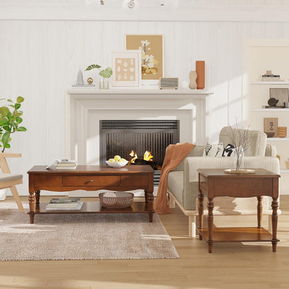 Large Solid Wood End Table Caramel Brown with Drawer and Storage Shelf