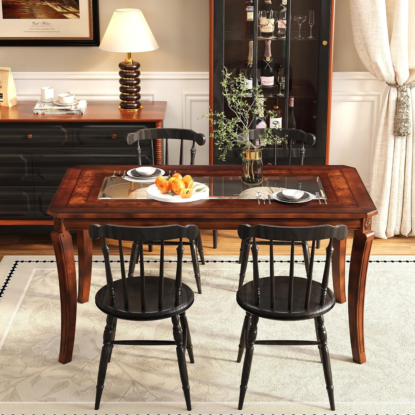 Cherry Wood Dining Table with Glass Top Traditional Vintage Table for 6
