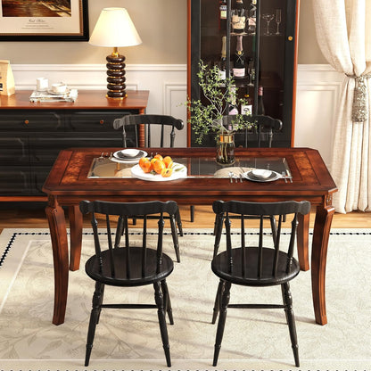 Cherry Wood Dining Table with Glass Top Traditional Vintage Table for 6