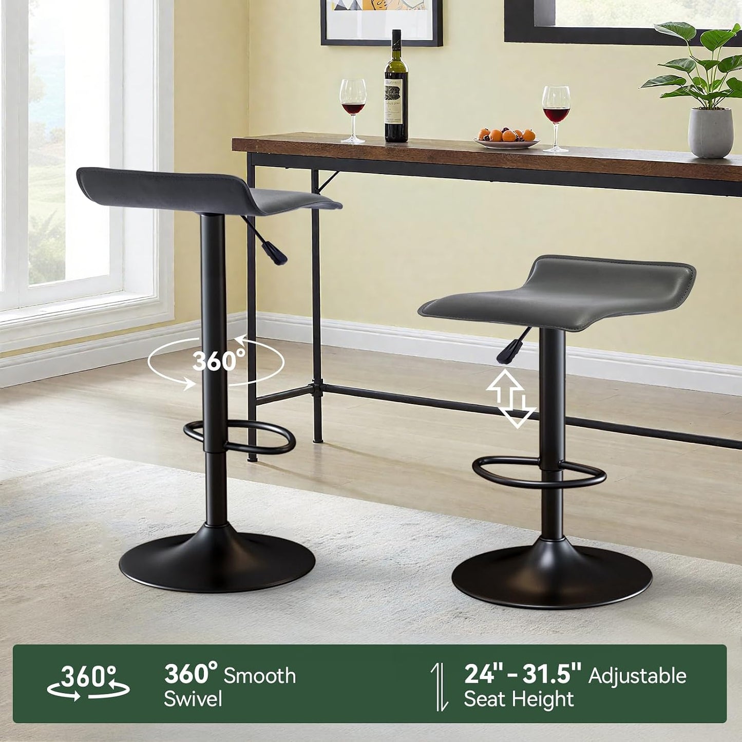 Black Adjustable Bar Stools Set of 2 Modern Swivel Backless Counter Chairs