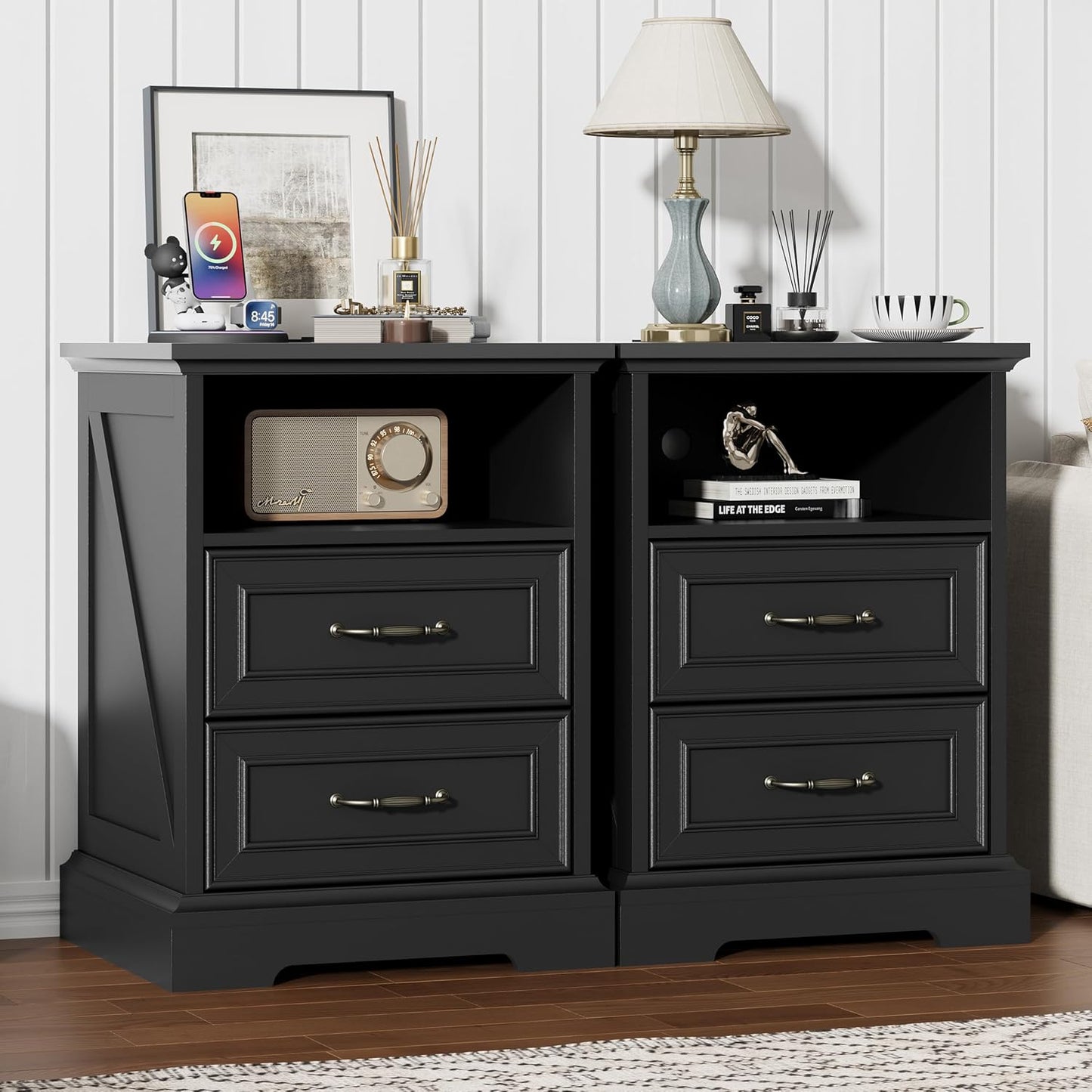 Farmhouse Nightstand with Charging Station 2 Drawers Off White Bedside Table