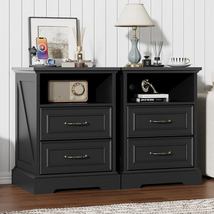 Farmhouse Nightstand with Charging Station 2 Drawers Off White Bedside Table