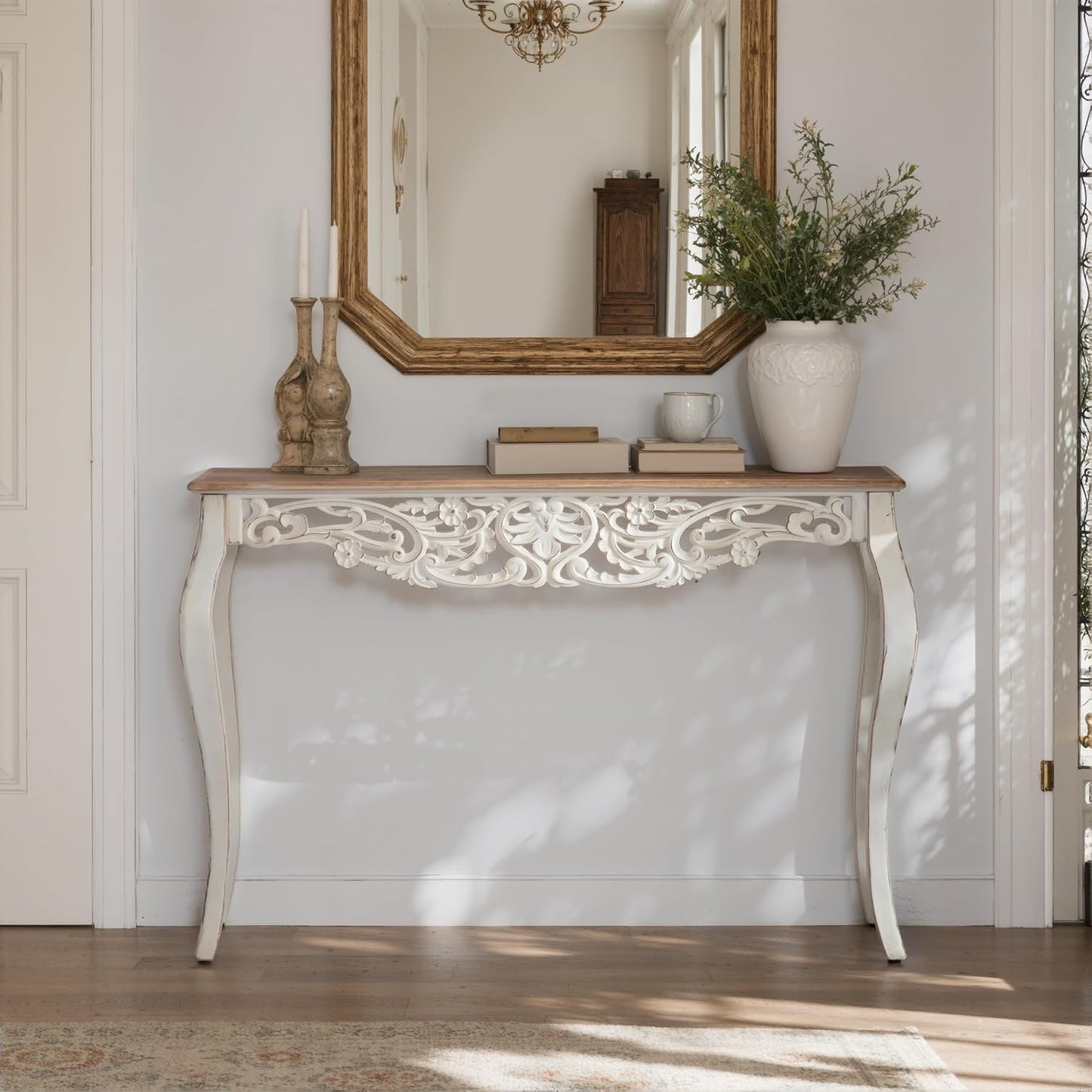 French Country Console Table Antique White Carved Wood Entryway Sofa Table