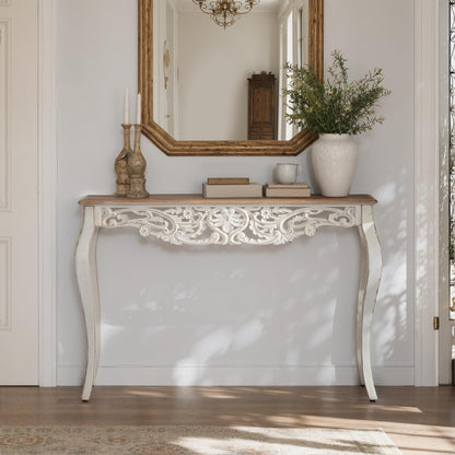 French Country Console Table Antique White Carved Wood Entryway Sofa Table