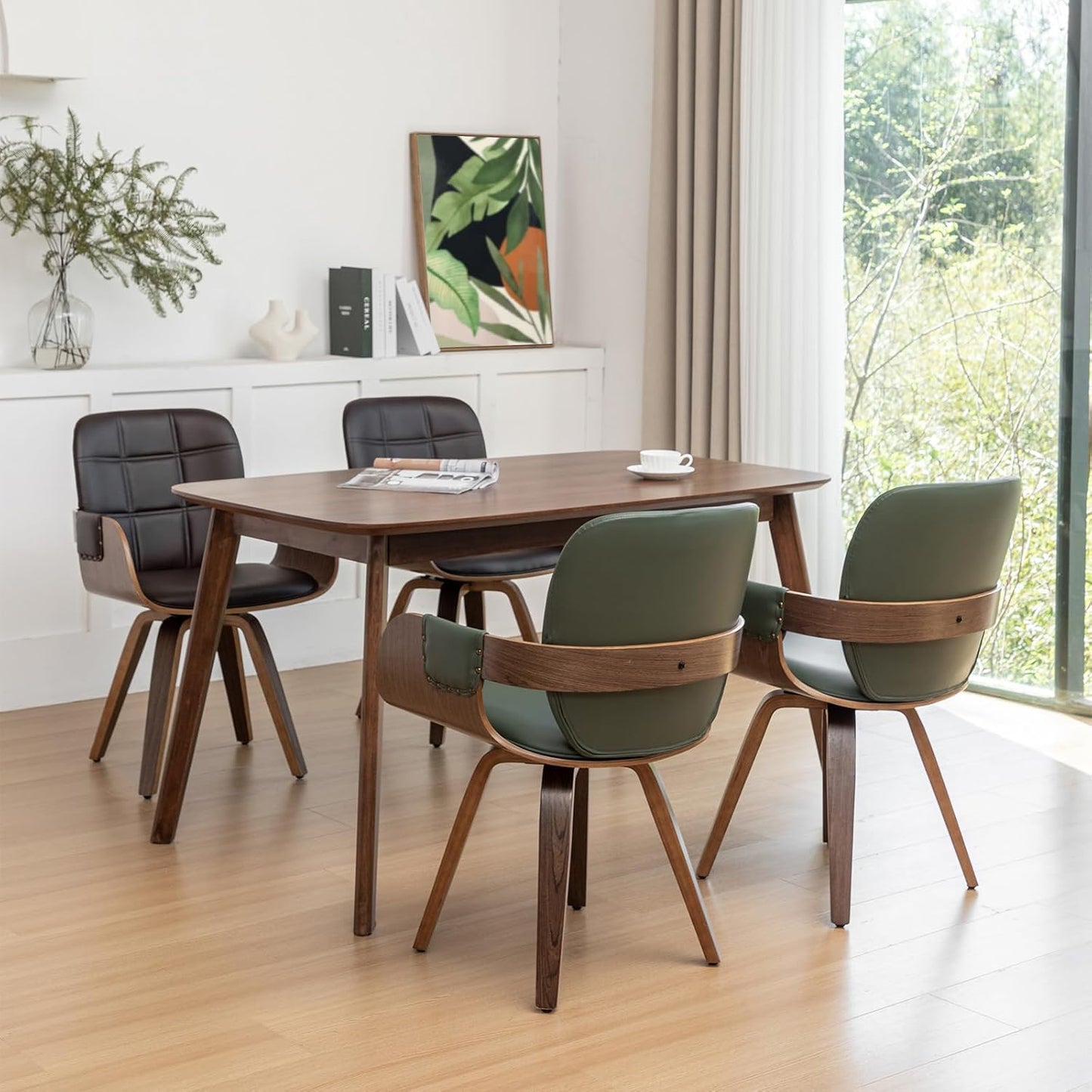 Walnut Brown Swivel Dining Chair with Arms Faux Leather Mid Century Chair