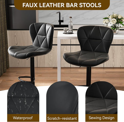 Black Swivel Bar Stools Set of 2 Adjustable Faux Leather Kitchen Chairs