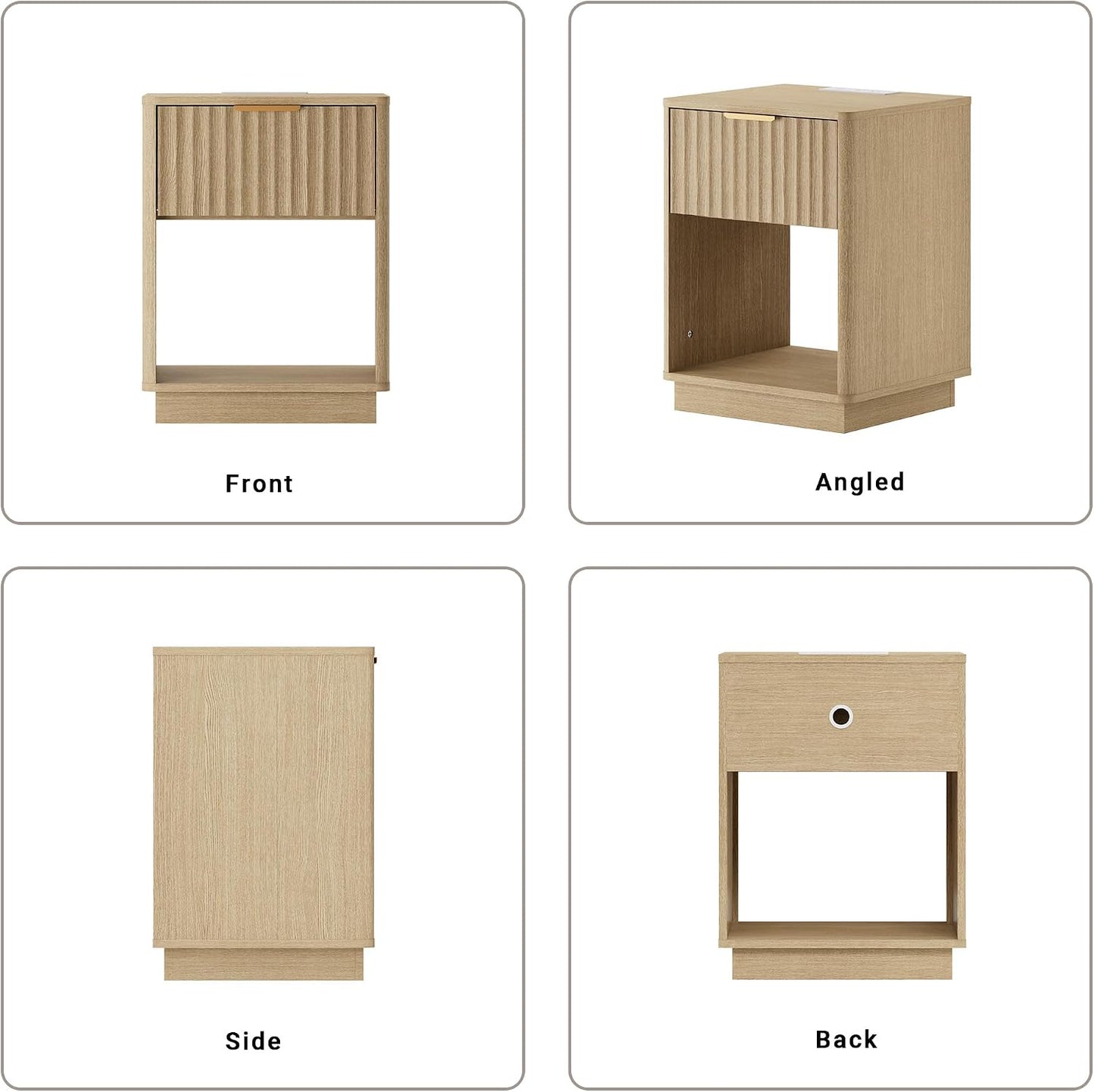 Modern Fluted Nightstand with Charging Station – Natural Oak Bedside Table