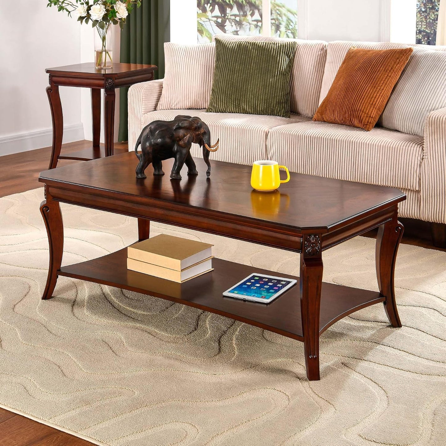 Solid Wood Coffee Table Cherry Brown with Storage Shelf Traditional Farmhouse Table