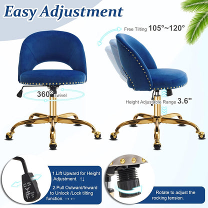 Navy Blue Velvet Office Chair Gold Swivel Rolling Vanity Desk Chair